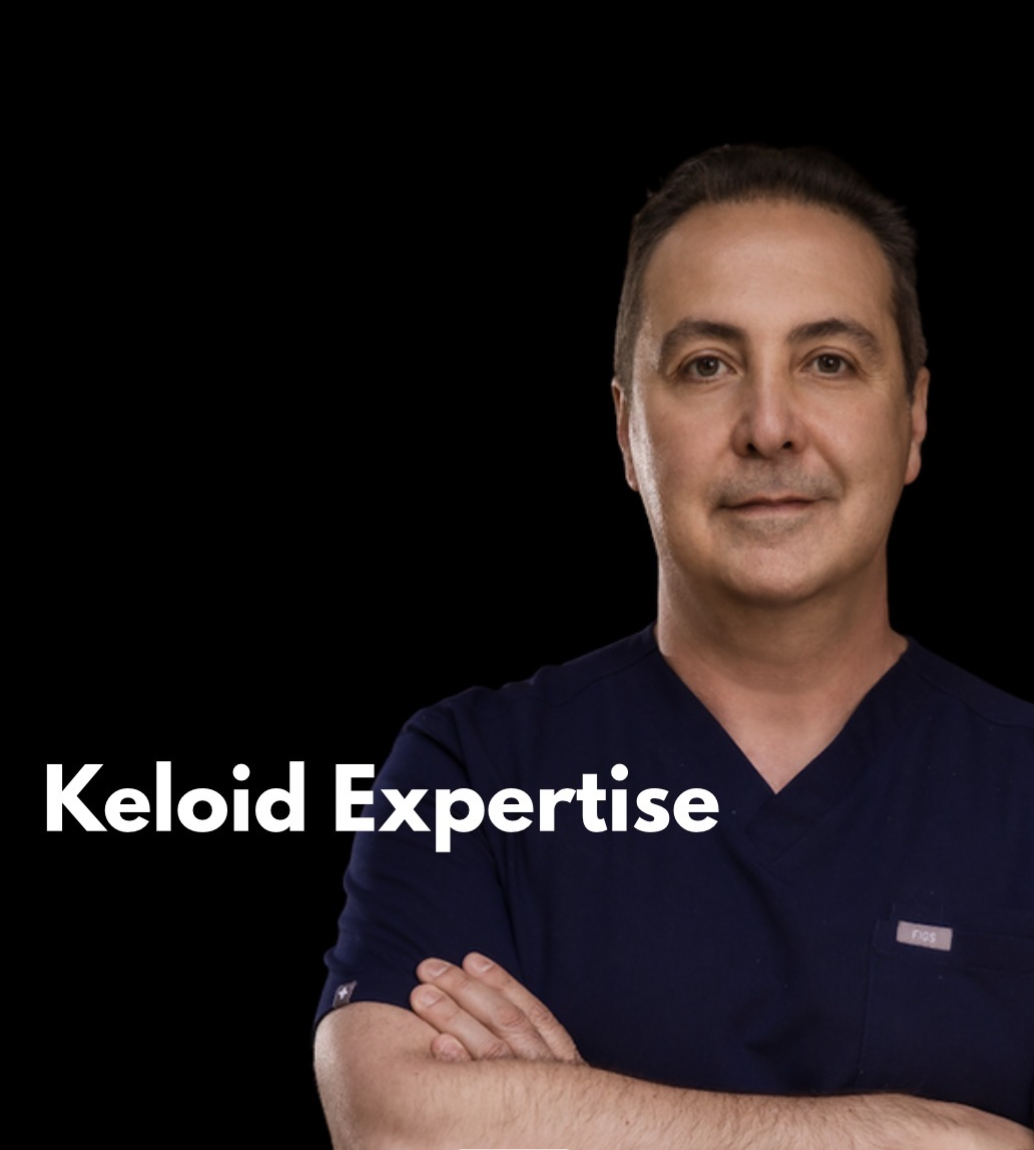 Dr. Raffy Karamanoukian MD FACS, dual board-certified plastic surgeon at Kare Plastic Surgery Santa Monica, Keloid Expertise branding, specialist in large shoulder and chest keloid removal in Los Angeles using deep tissue tension control and specialized wound closure techniques